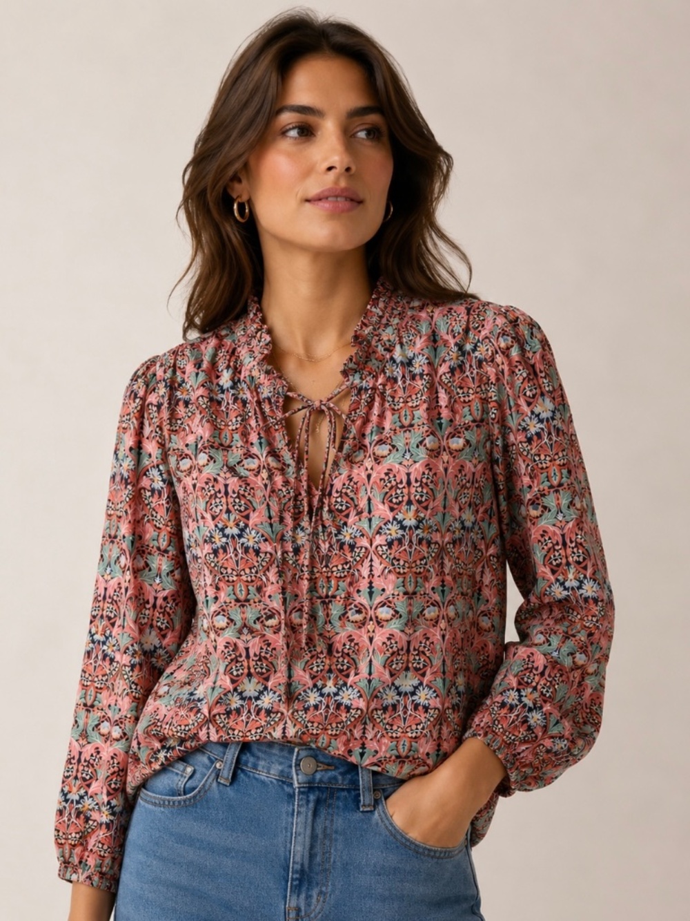 J.Crew Liberty Fabric Floral Ruffle Tie Neck Blouse Pink Multi Women’s Large